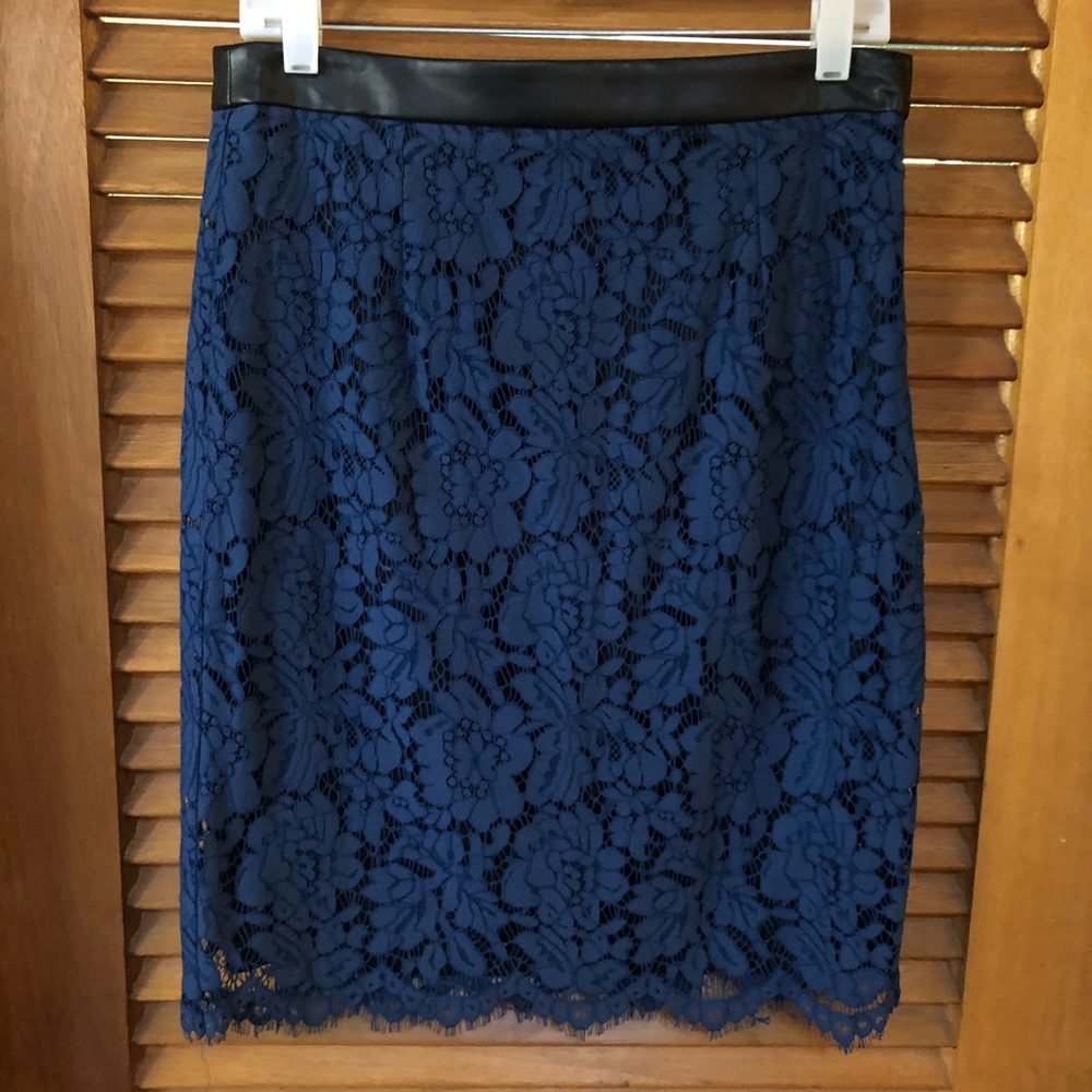 Blue/Black Lace Skirt with Faux Leather Trim